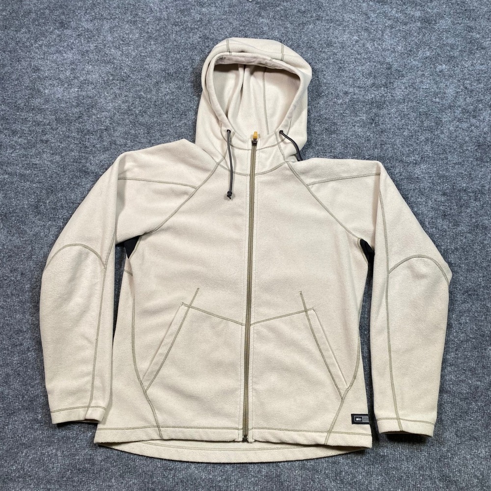 REI Womens Fleece Hoodie‎ Full Zip Jacket Beige Oatmeal Medium Raglan Outdoor